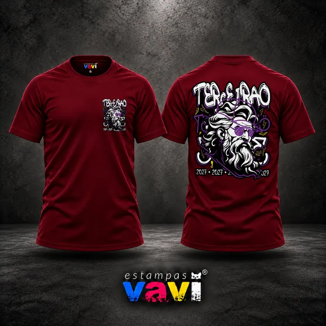 Zeus com Óculos Roxos - Camiseta vinho · detalhes amarelos · 2027