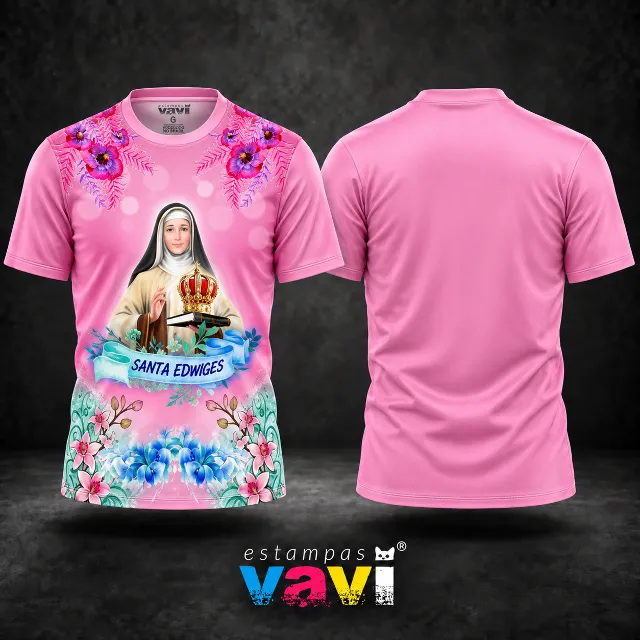 Santa Edwiges com Flores em Fundo Rosa