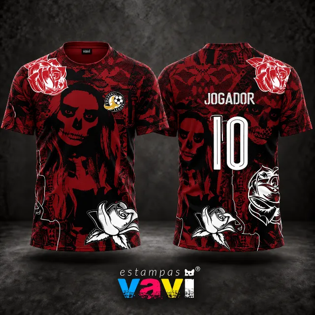 Caveira com Rosas em Vermelho e Preto