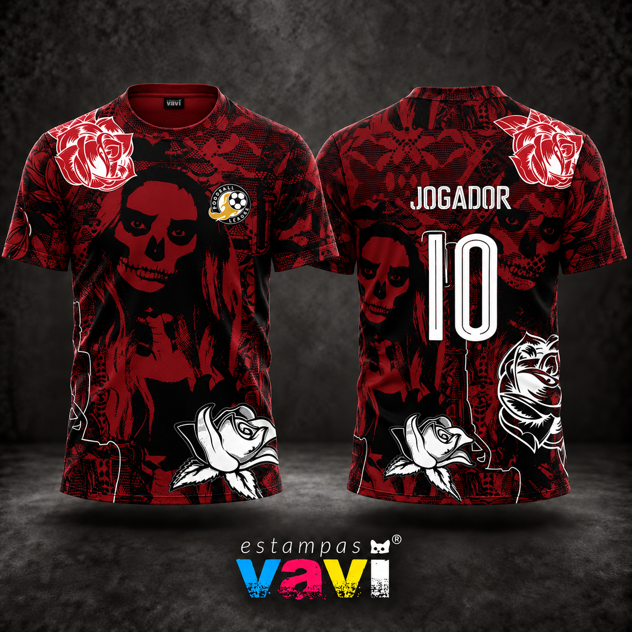 Caveira com Rosas em Vermelho e Preto