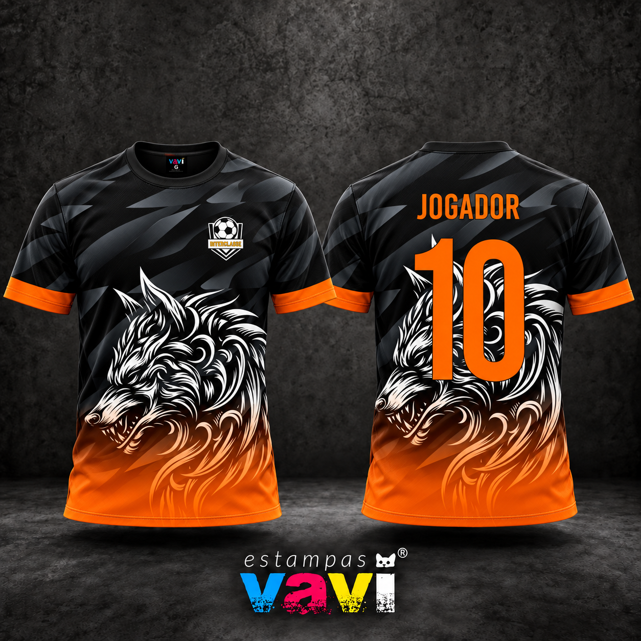 Lobo Branco com Degradê Laranja e Grafismos Cinza