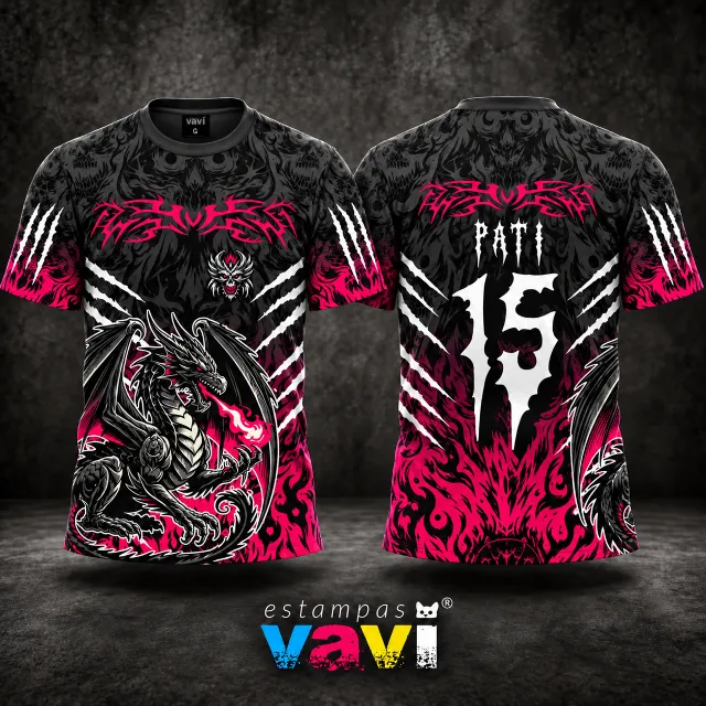 Dragão Alado com Chamas, Garras e Tribais - Magenta