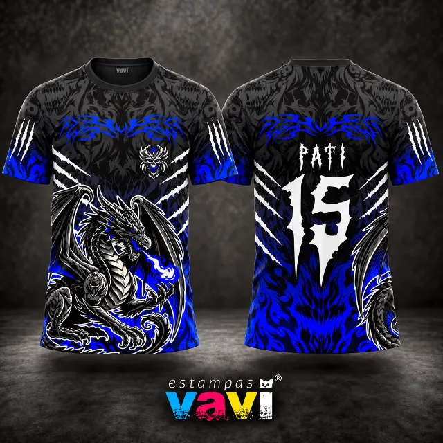 Dragão Alado com Chamas, Garras e Tribais - Azul