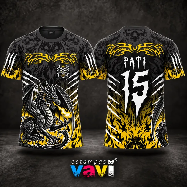 Dragão Alado com Chamas, Garras e Tribais - Amarelo