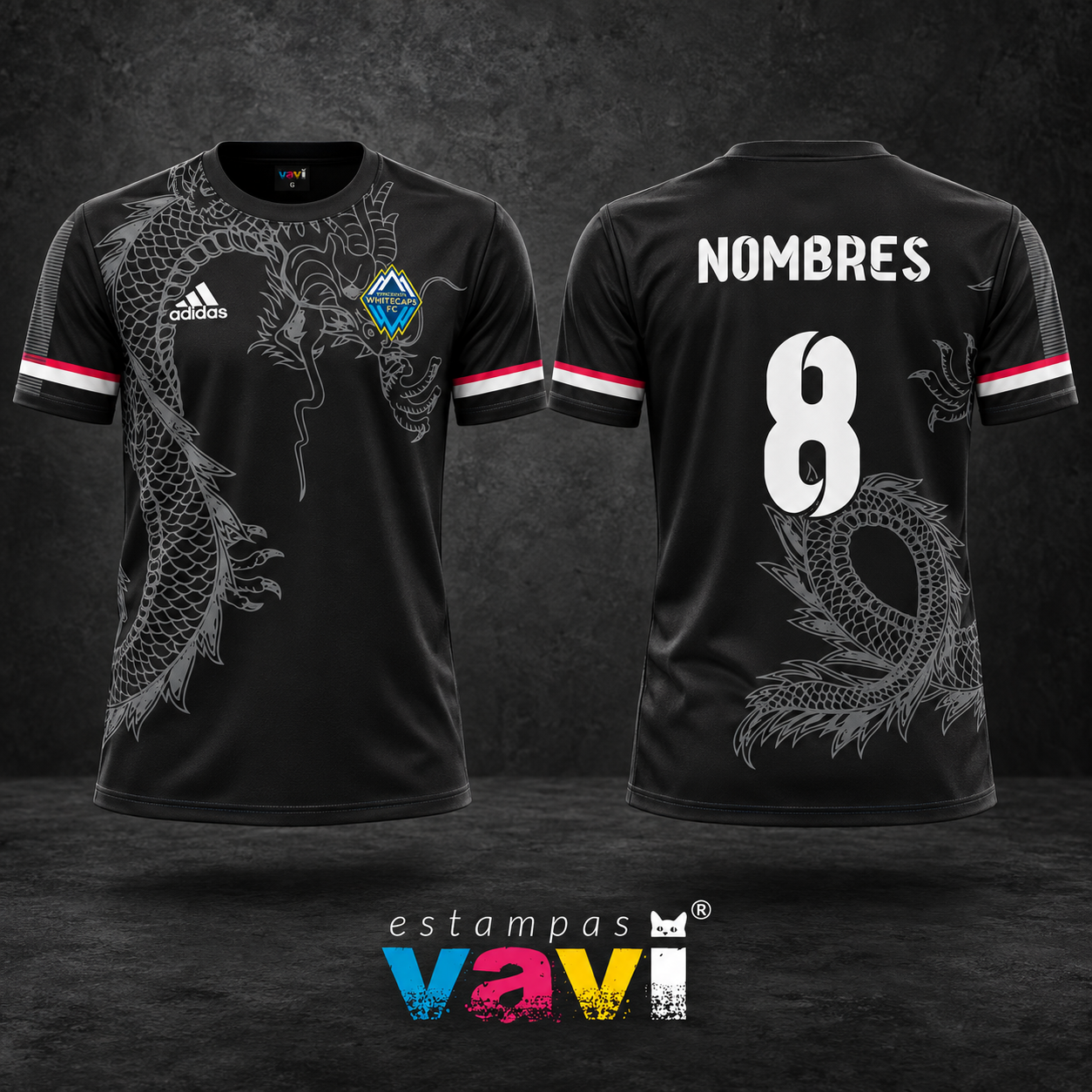 Dragão Cinza sobre Preto com Faixas Rosa e Branca