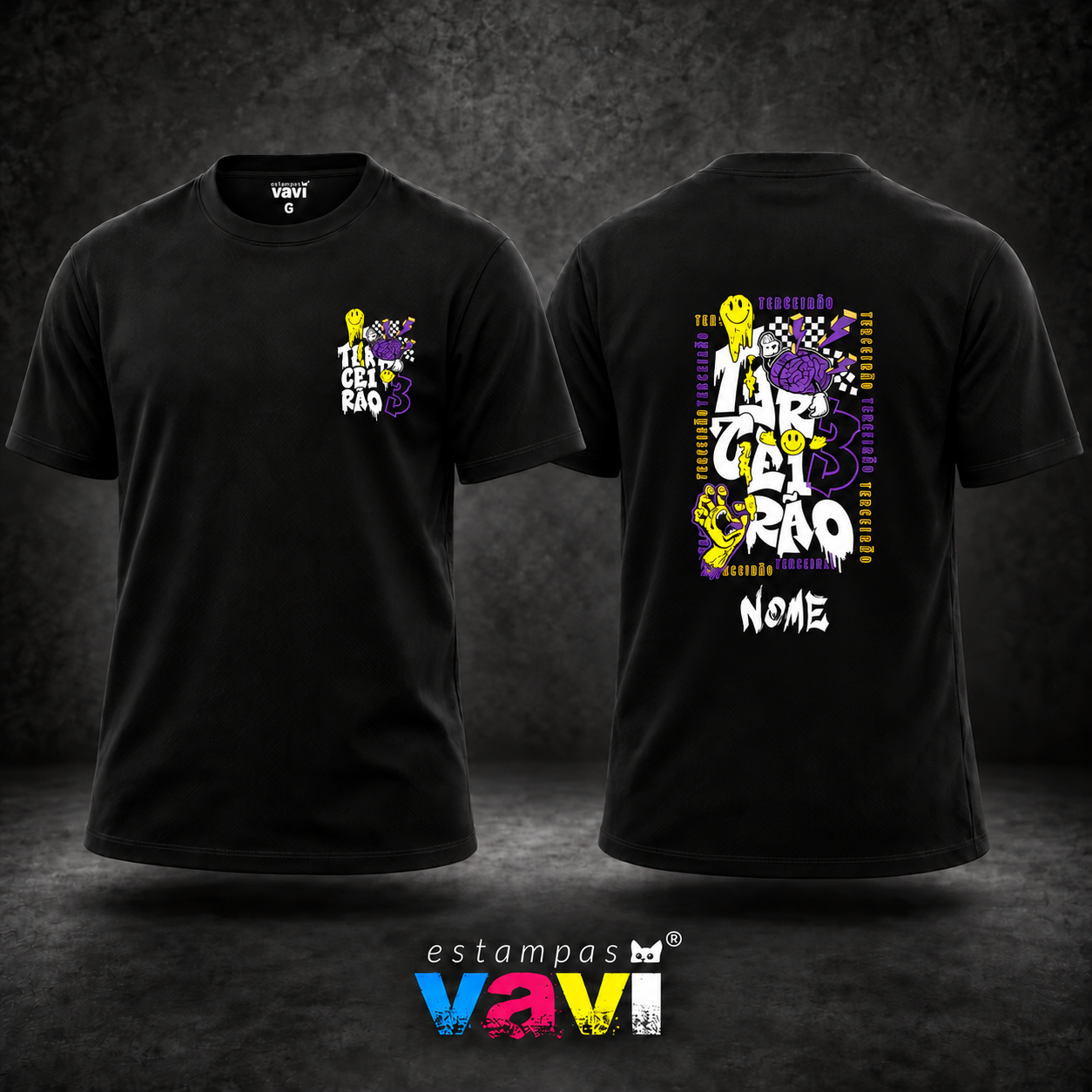 Cérebro Roxo com Smiles e Mão Amarela · cores de processo CMYK