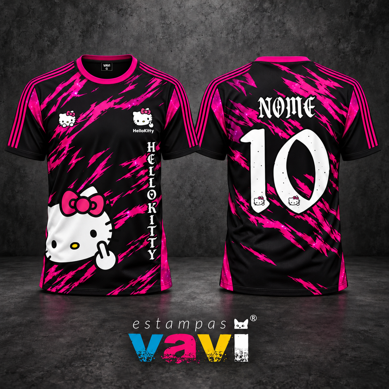 Hello Kitty Branca com Riscos Magenta sobre Preto