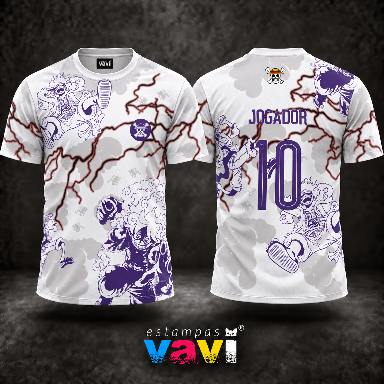 Luffy Gear 5 Roxo com Nuvens e Raios sobre Branco