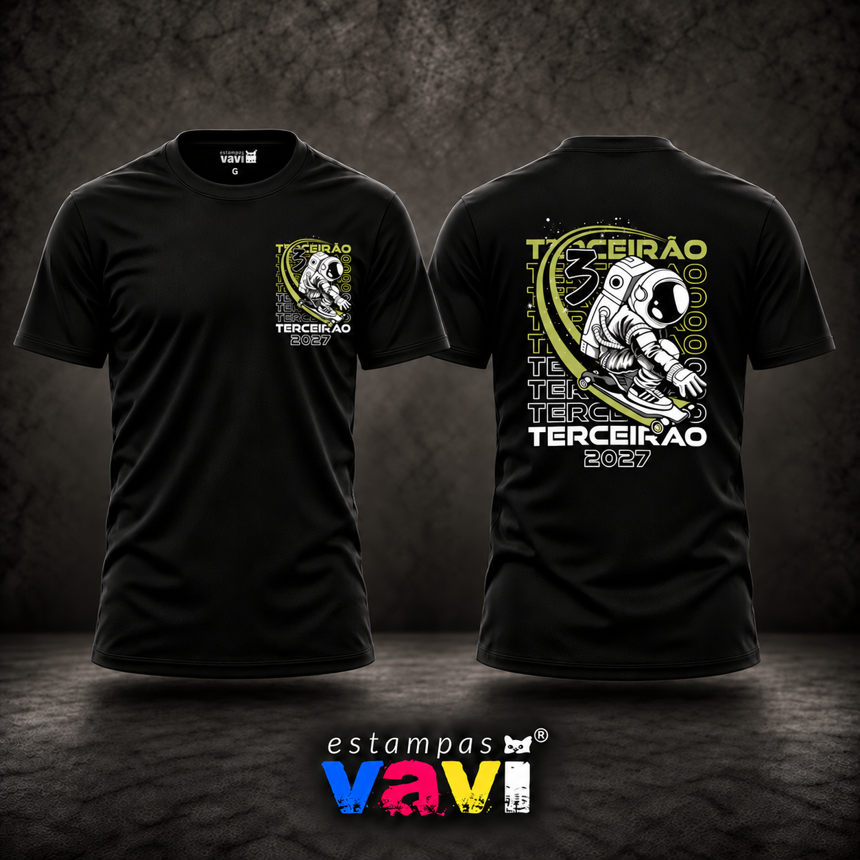 Terceirão - Astronauta no Skate com Círculo Verde · cores de processo CMYK