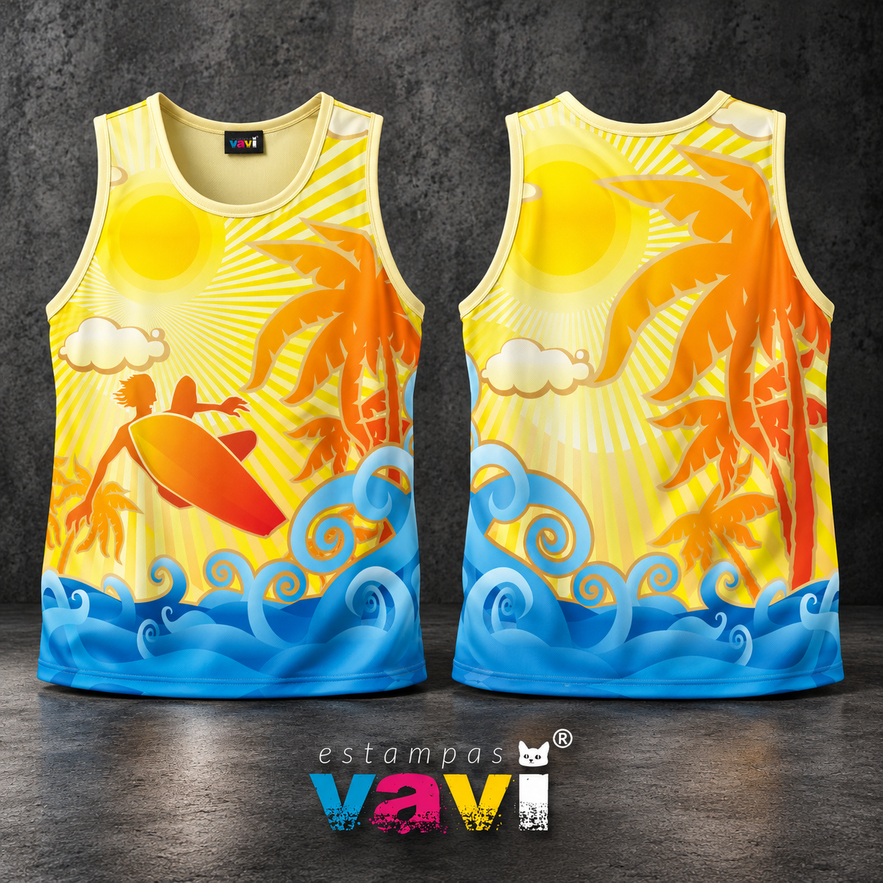 Surfista Laranja com Sol Coqueiros e Ondas Azuis