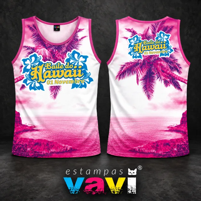 Baile do Havaí com Coqueiros e Horizonte - Rosa e Branco