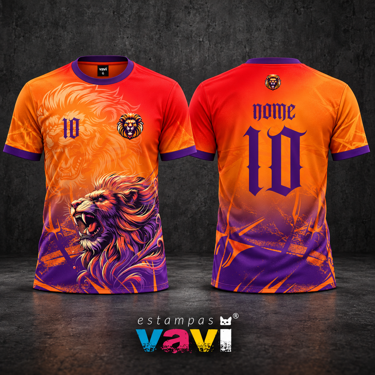 Leão Laranja e Roxo com Grafismos Angulares