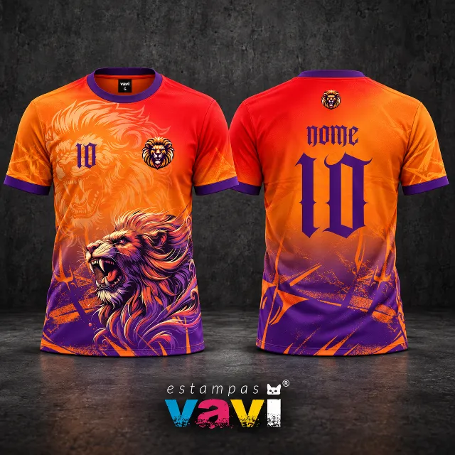 Leão Laranja e Roxo com Grafismos Angulares