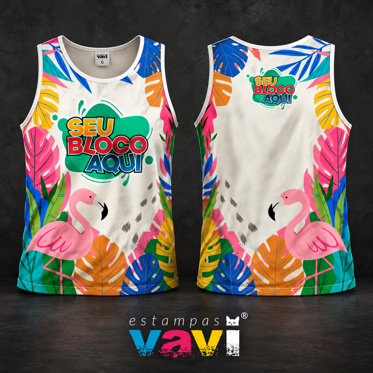 Flamingo Rosa com Folhagens Coloridas em Branco