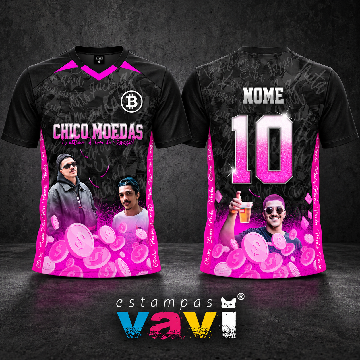 Chico Moedas com Colagem Rosa e Textura Preta