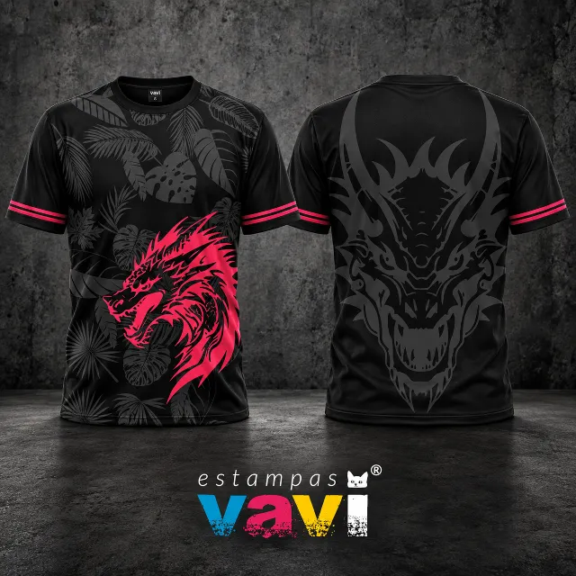 Dragão Tribal Rosa com Folhagens e Cabeça Cinza sobre Preto