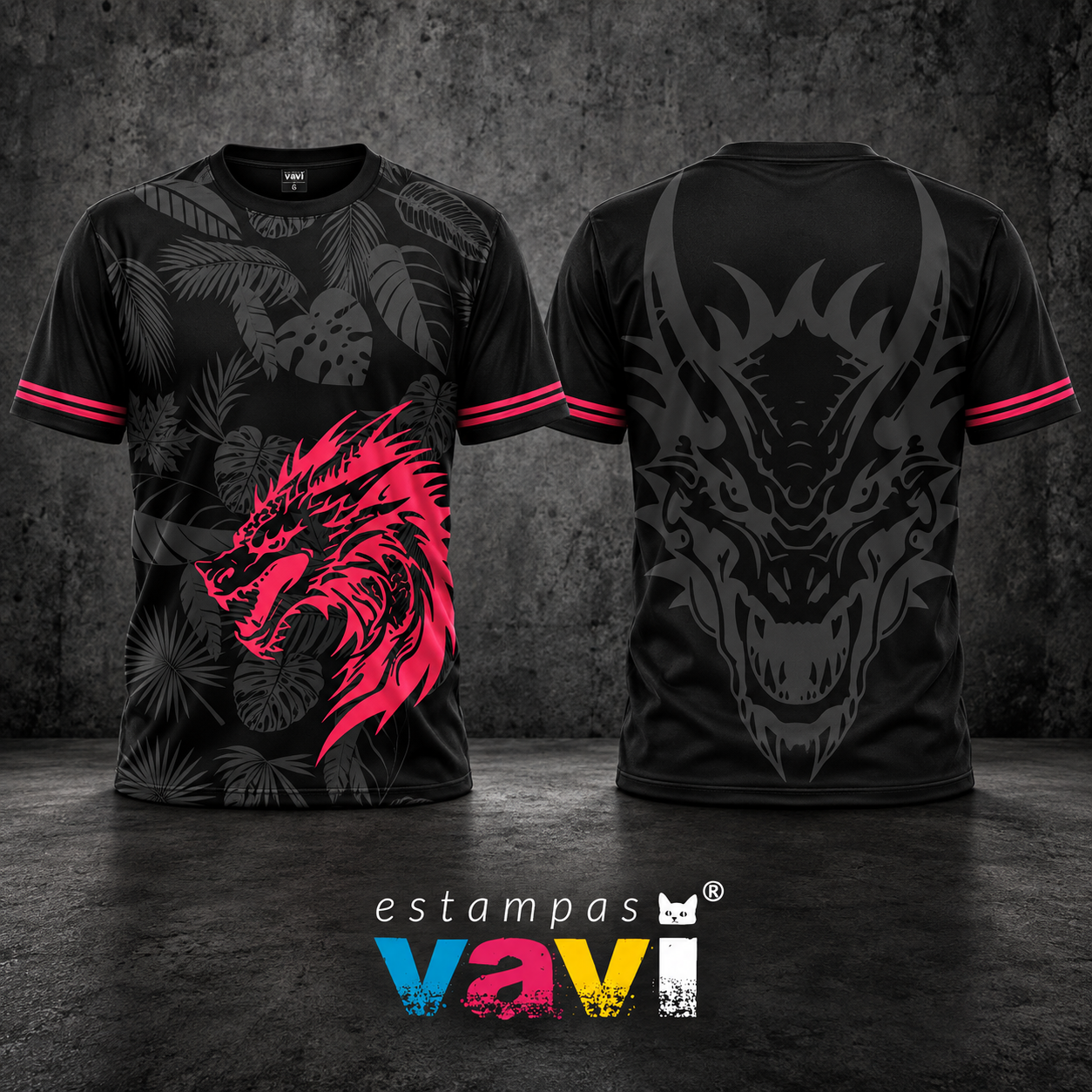 Dragão Tribal Rosa com Folhagens e Cabeça Cinza sobre Preto