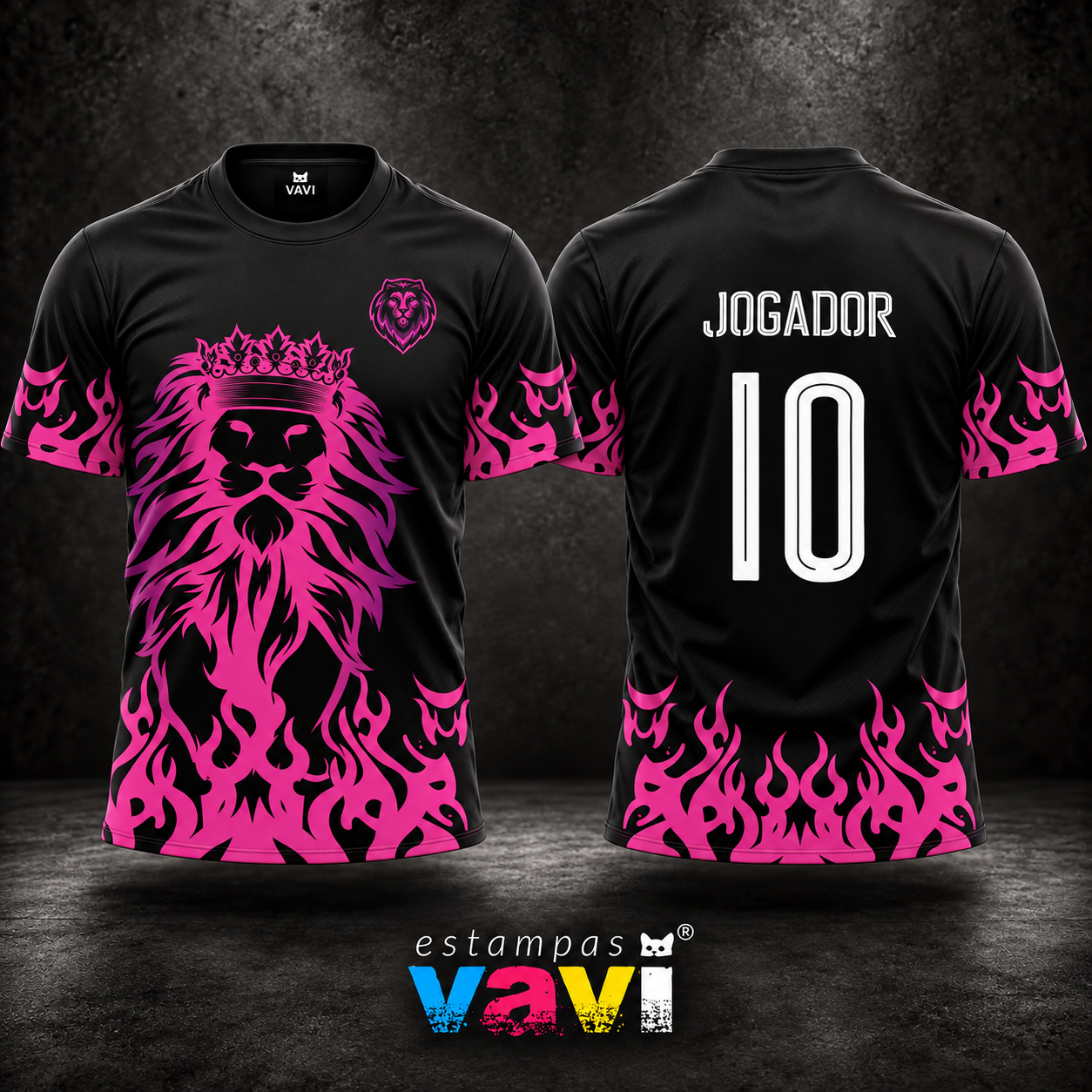 Leão Coroado Magenta com Chamas sobre Preto