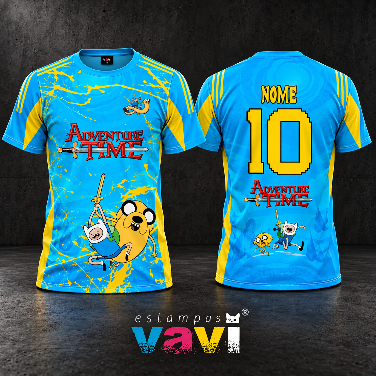 Finn e Jake com Respingos Amarelos sobre Azul