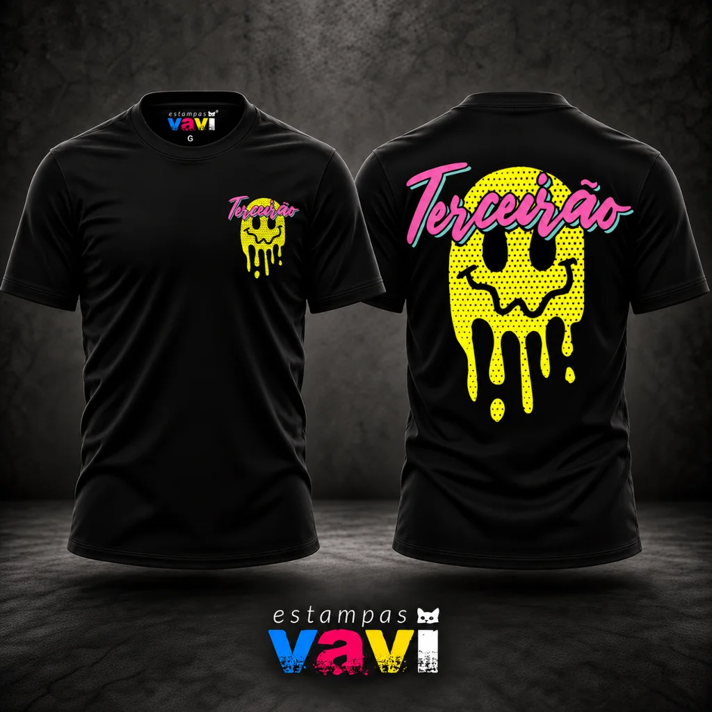 Smiley Amarelo Derretido com Letras Rosa