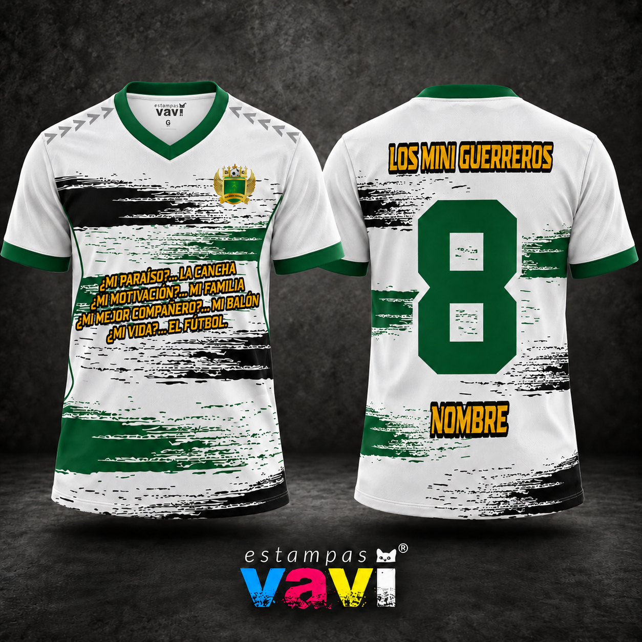 Los Mini Guerreros - Pinceladas Verdes e Pretas sobre Branco - Gola V
