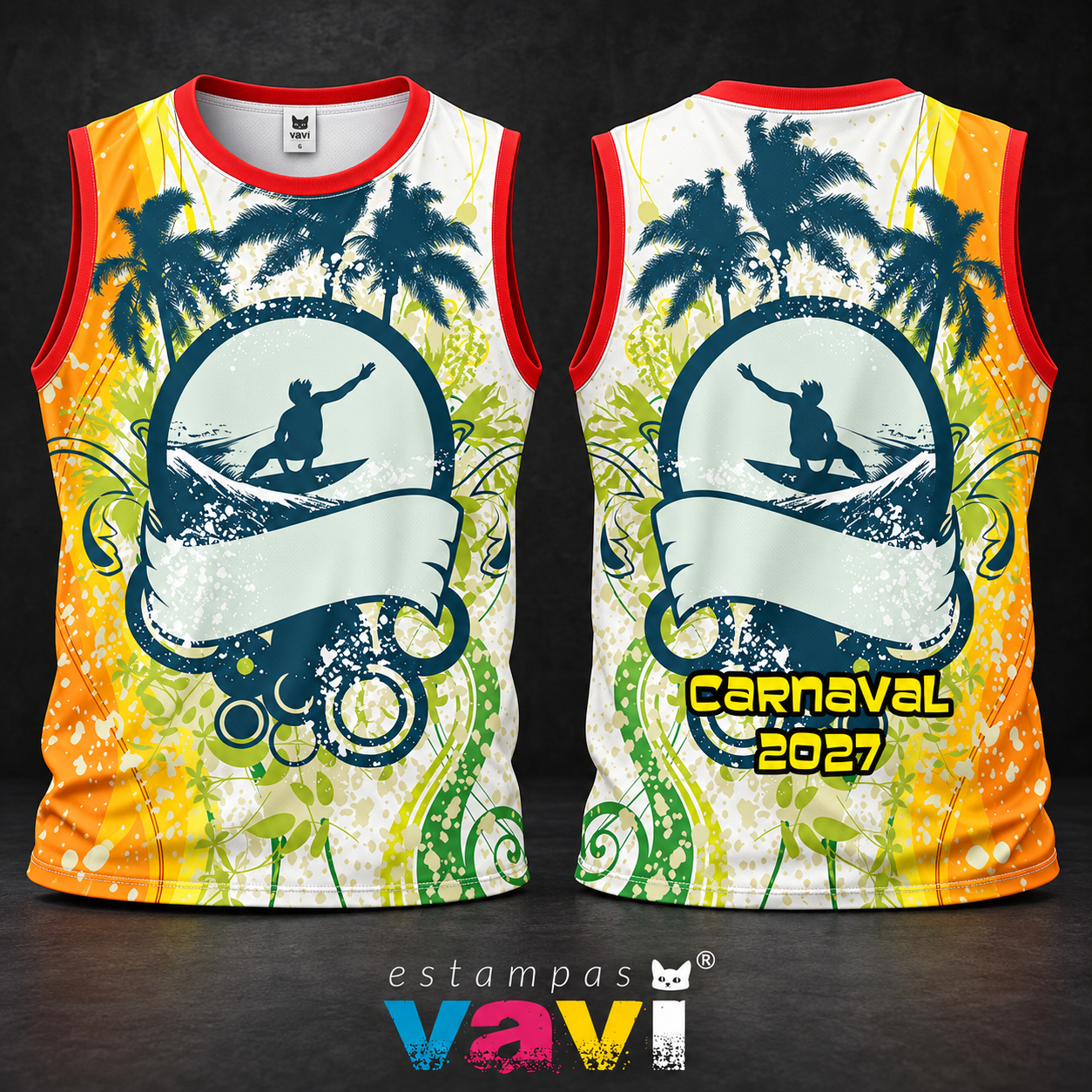 Surfista com Coqueiros e Faixas em Amarelo e Verde
