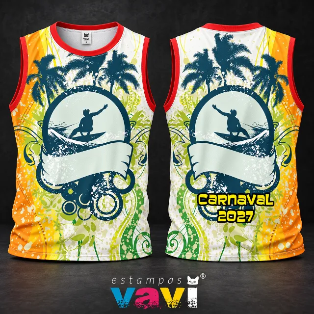 Surfista com Coqueiros e Faixas em Amarelo e Verde