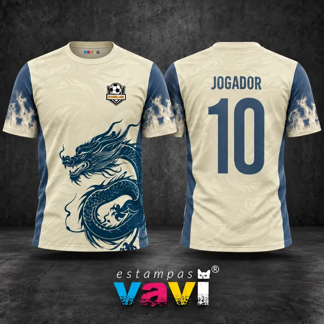 Dragão Azul em Fundo Creme com Chamas nas Mangas
