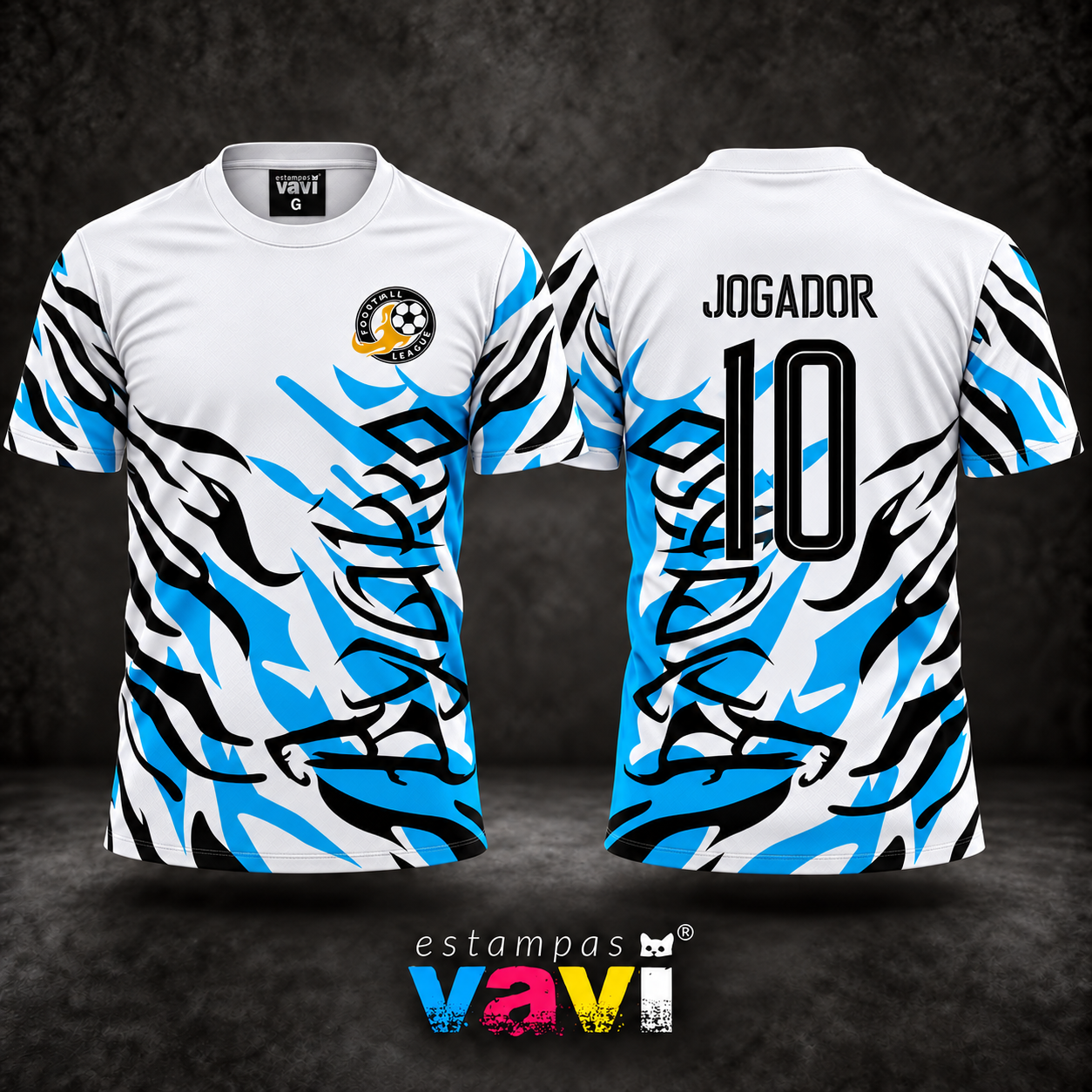 Dragão Tribal Preto com Grafismos Azul Ciano sobre Branco