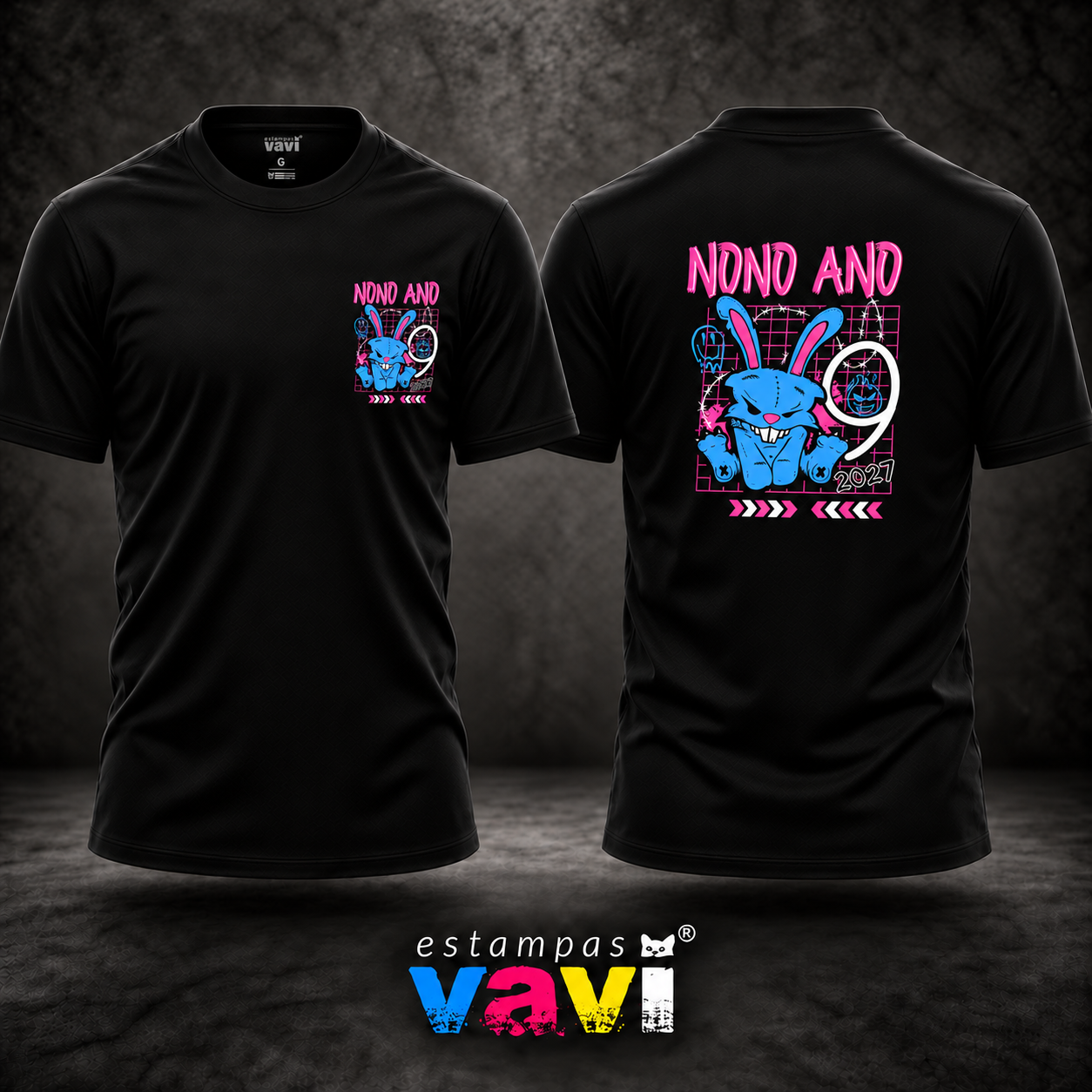 Nono Ano 2027 - Coelho Azul com Grade Rosa e Número 9