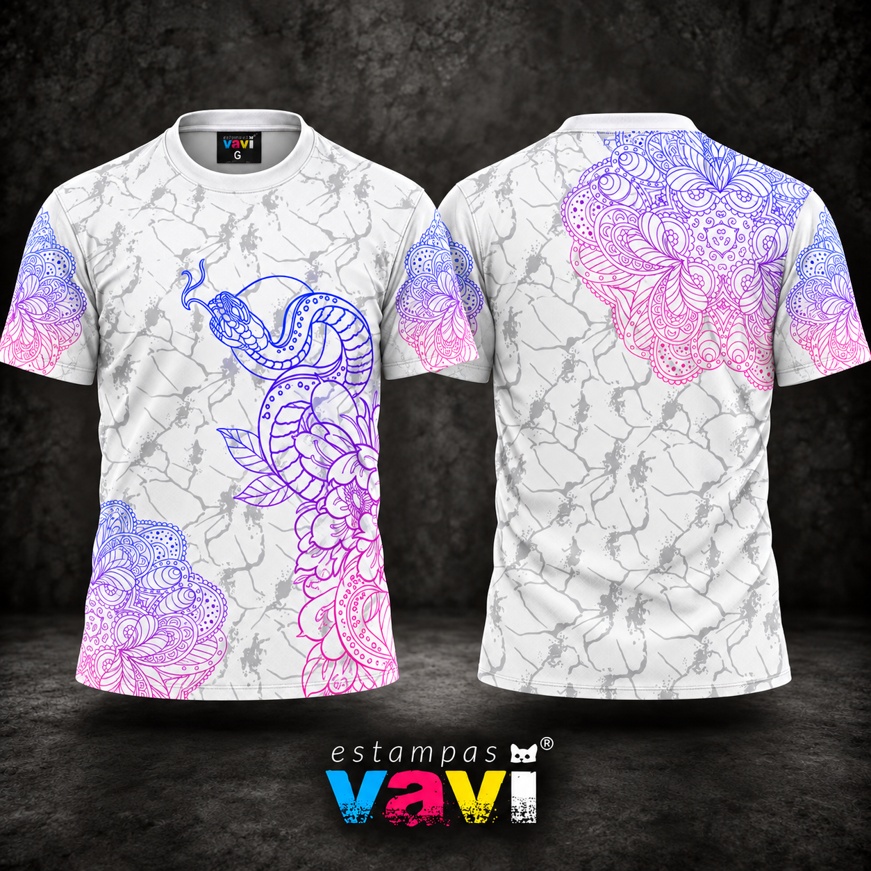 Serpente e Mandalas em Degradê Azul e Rosa