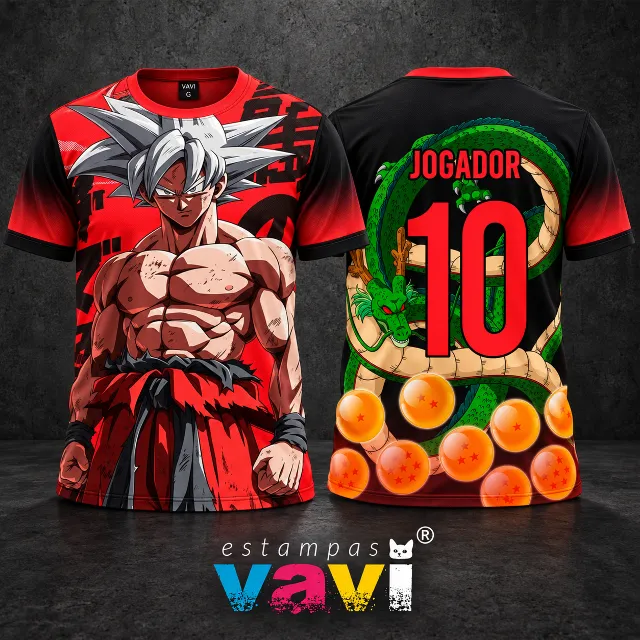 Goku Prateado com Shenlong e Esferas sobre Vermelho e Preto