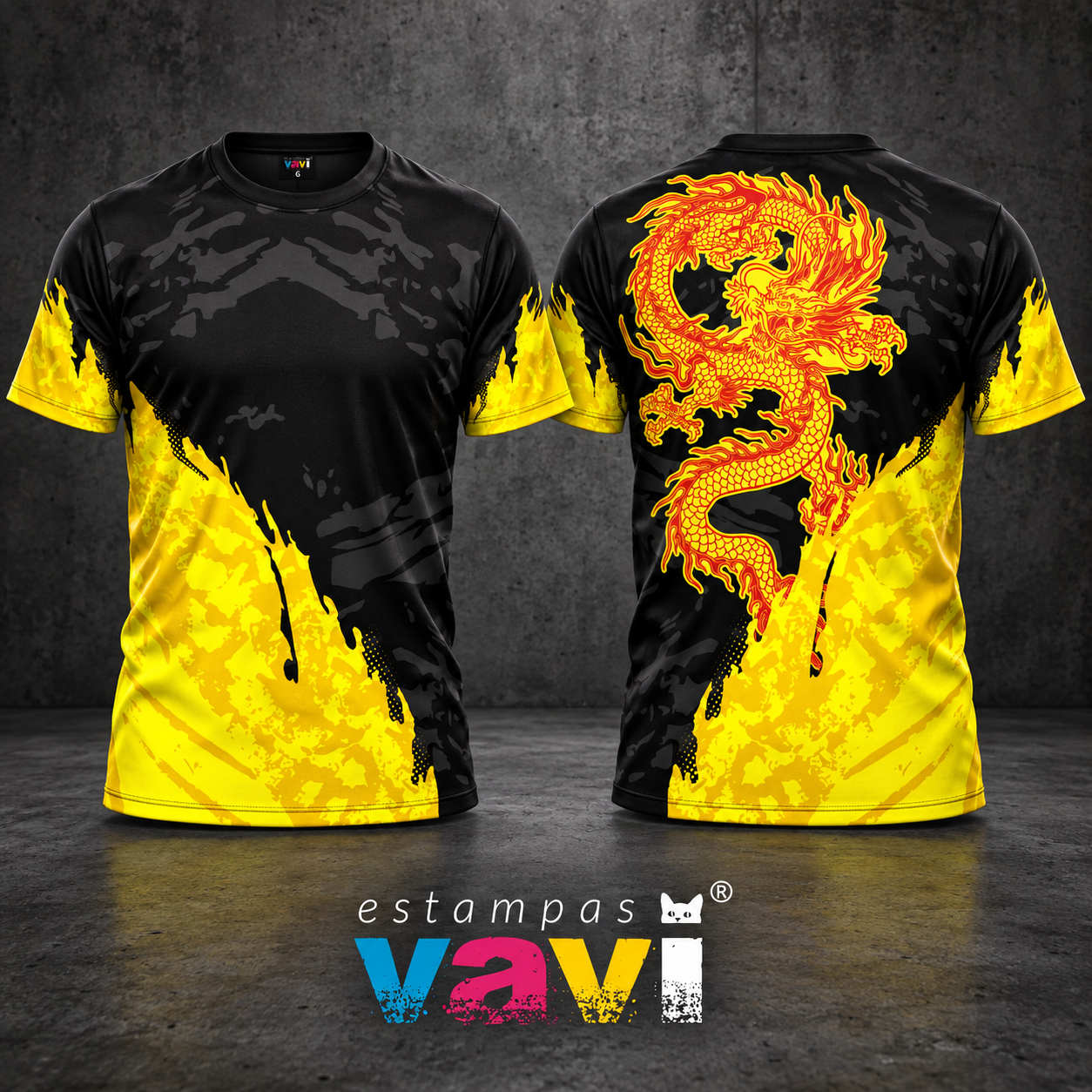 Dragão Amarelo e Vermelho com Pinceladas sobre Preto