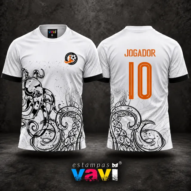 Kraken Preto com Folhagens Cinza sobre Branco - Escudo League, Número Laranja e Faixa Larga