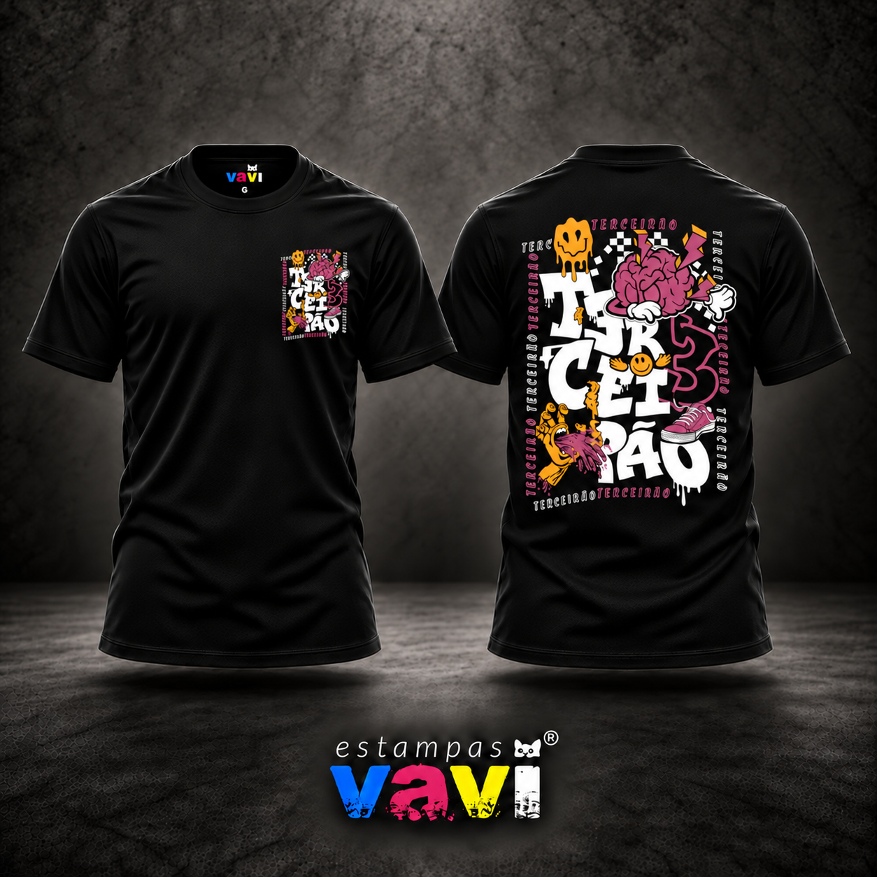 Terceirão - Cérebro Rosa e Smiles Amarelos · cores de processo CMYK