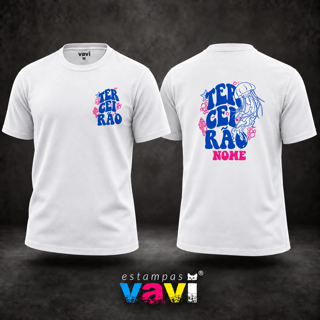 Água-viva Azul com Letras e Bolhas Rosa