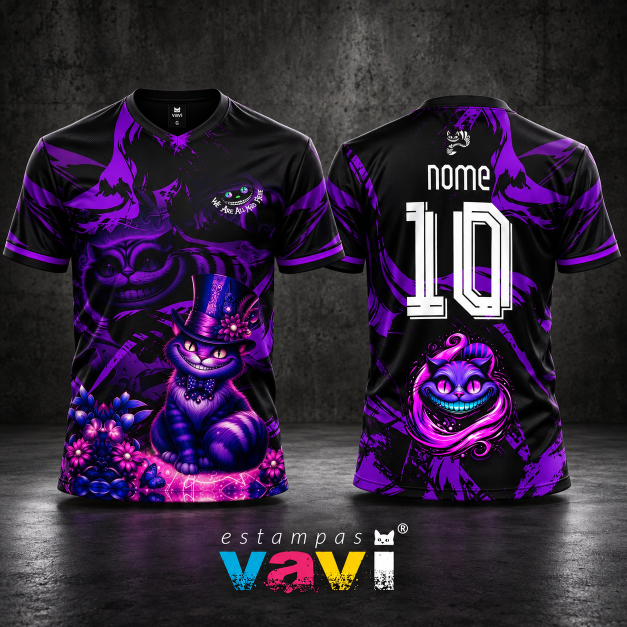 Gato Cheshire com Cartola e Flores em Grafismos Roxos