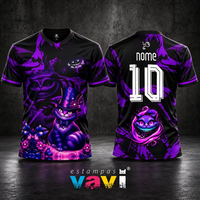 Gato Cheshire com Cartola e Flores em Grafismos Roxos