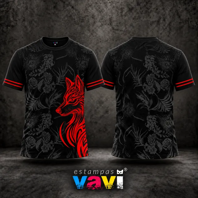 Lobo Tribal Vermelho com Flores Cinza sobre Preto