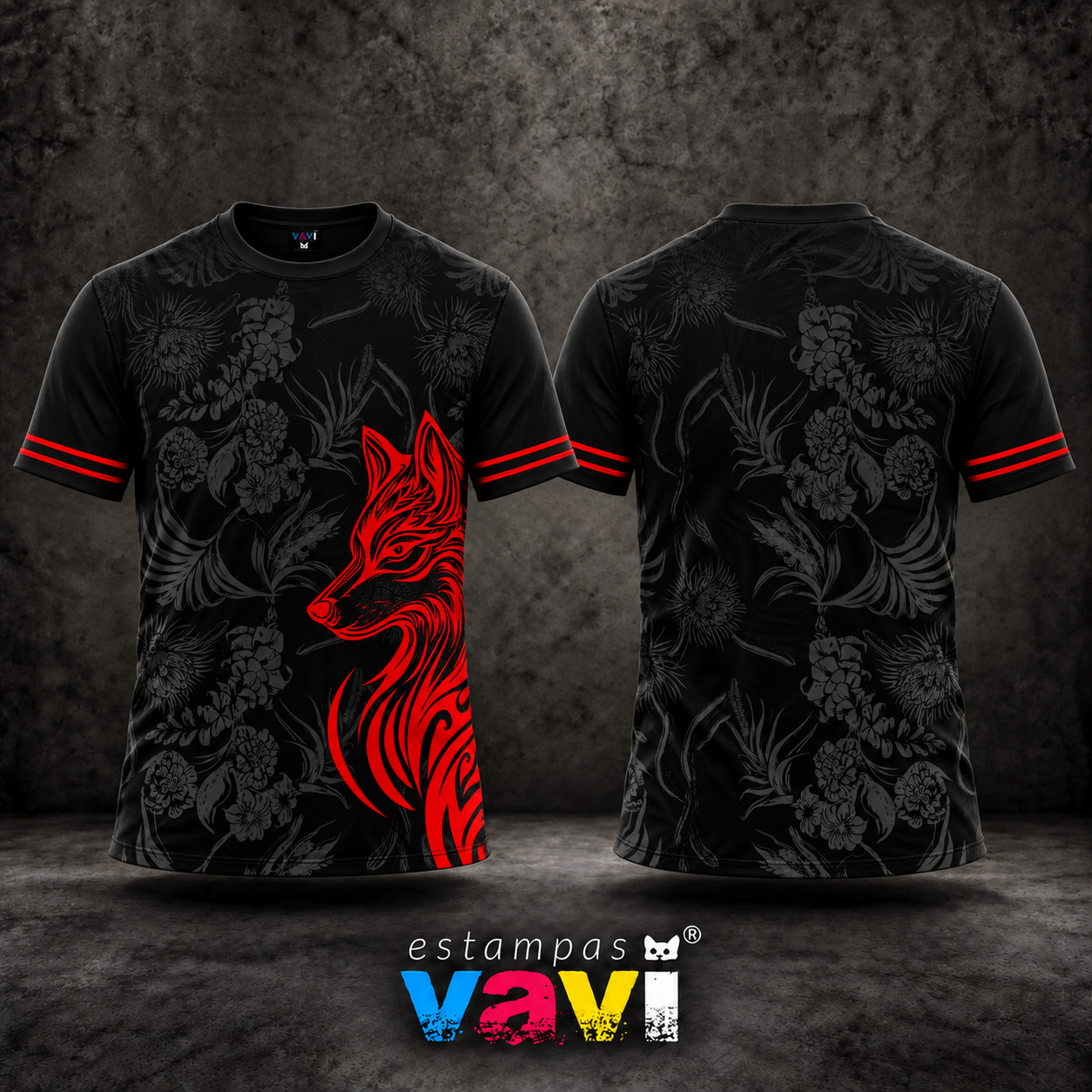 Lobo Tribal Vermelho com Flores Cinza sobre Preto