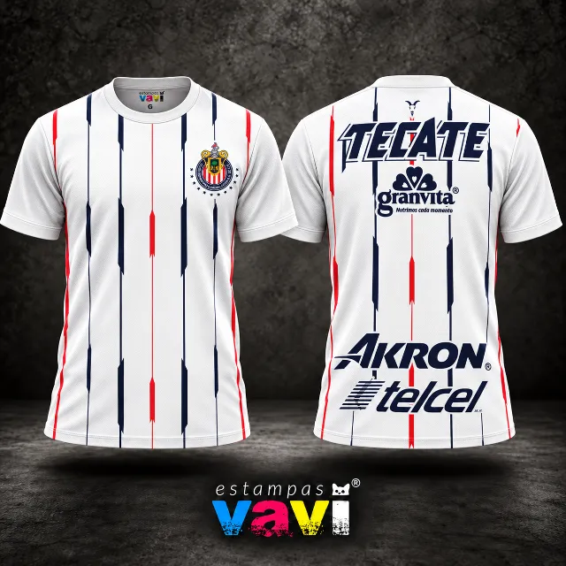 Chivas Guadalajara - Listras Vermelhas e Azuis sobre Branco - Padrão