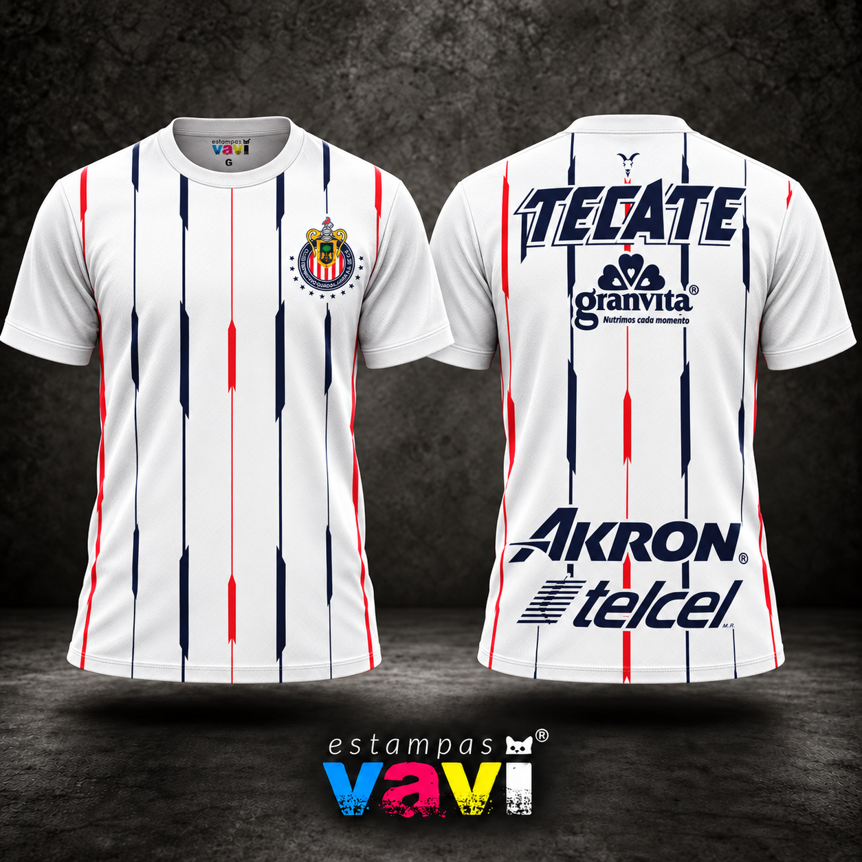 Chivas Guadalajara - Listras Vermelhas e Azuis sobre Branco - Padrão
