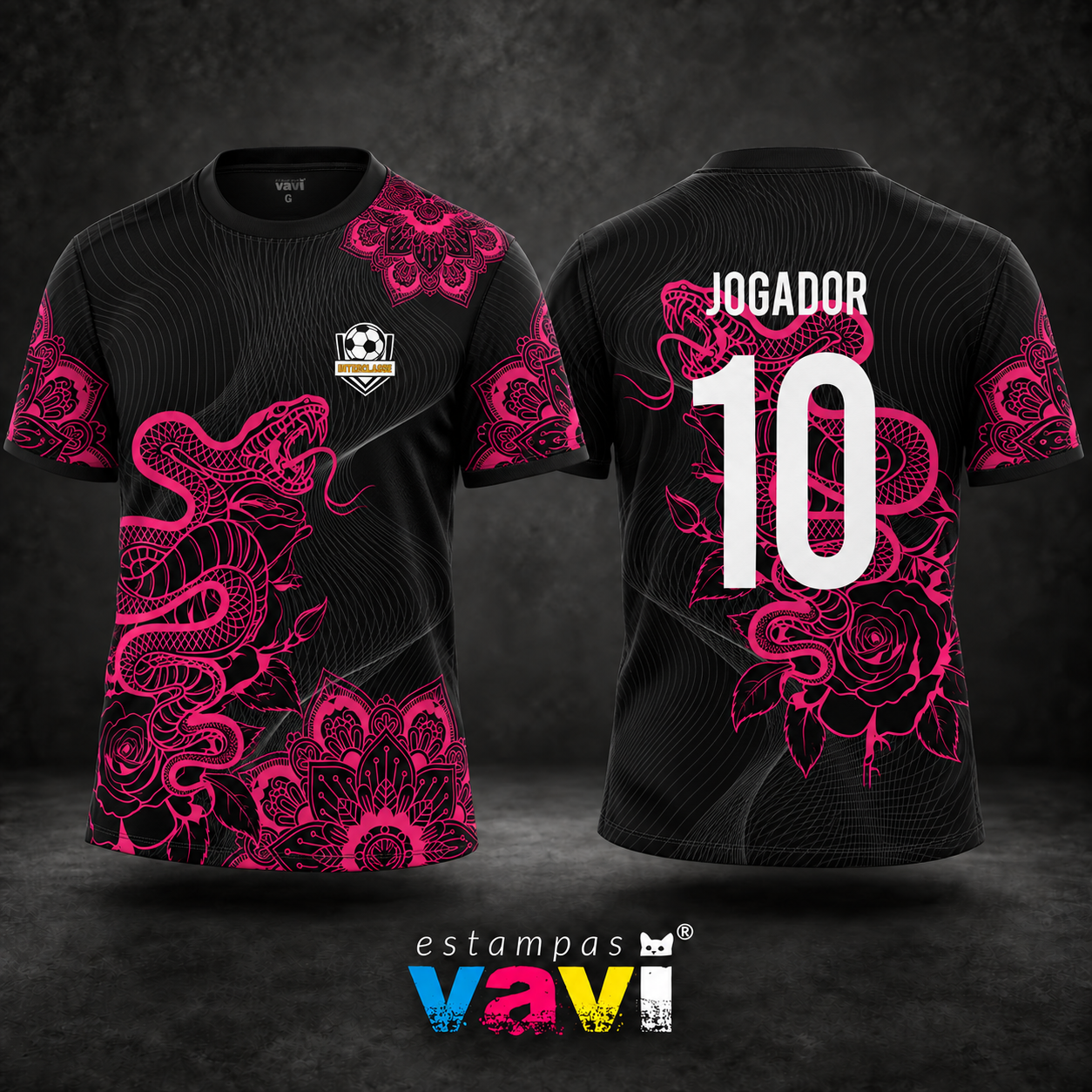 Serpente Rosa com Rosas e Mandalas sobre Preto