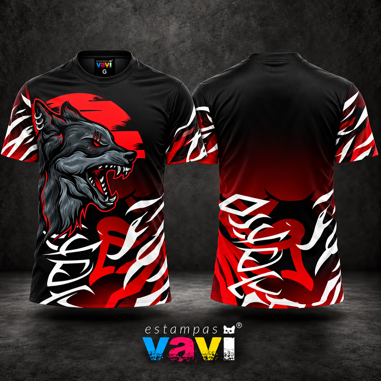 Lobo Cinza com Grafite Branco e Vermelho
