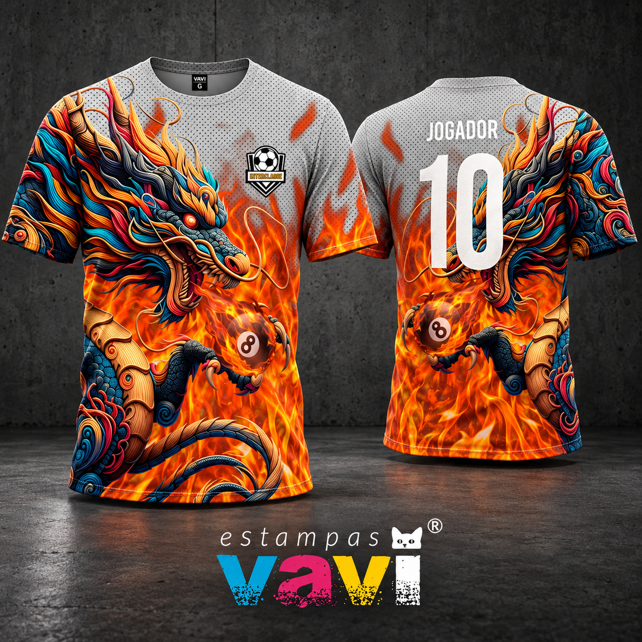 Dragão Multicolorido com Chamas e Bola de Bilhar