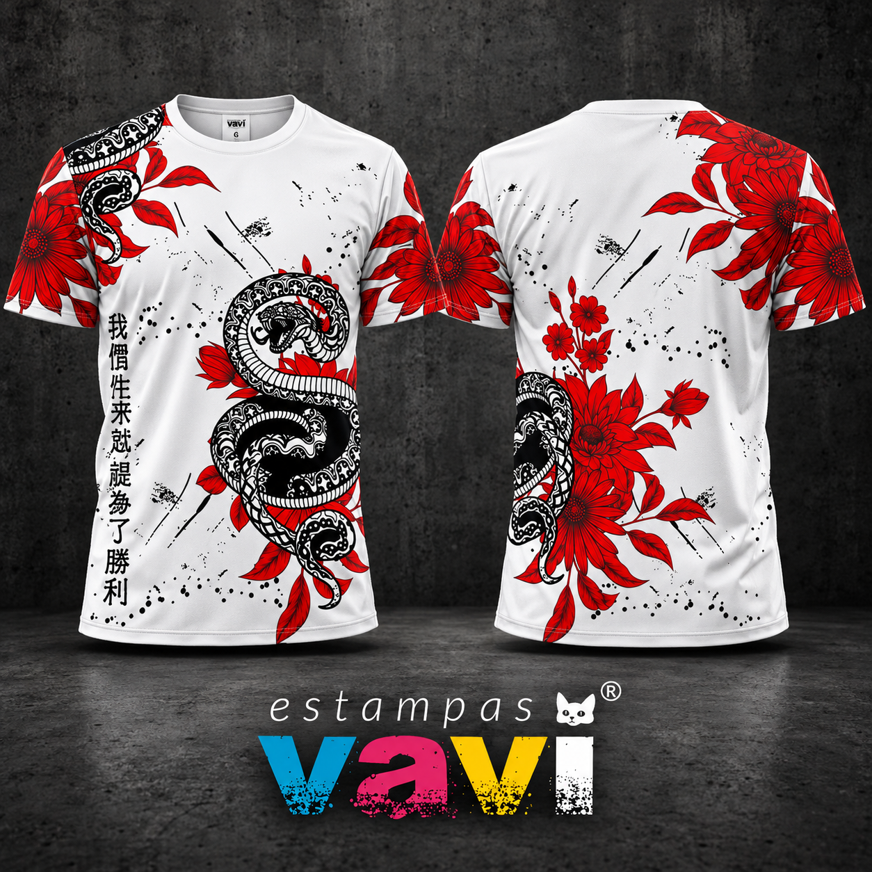 Serpentes Ornamentais Pretas e Brancas com Flores Vermelhas