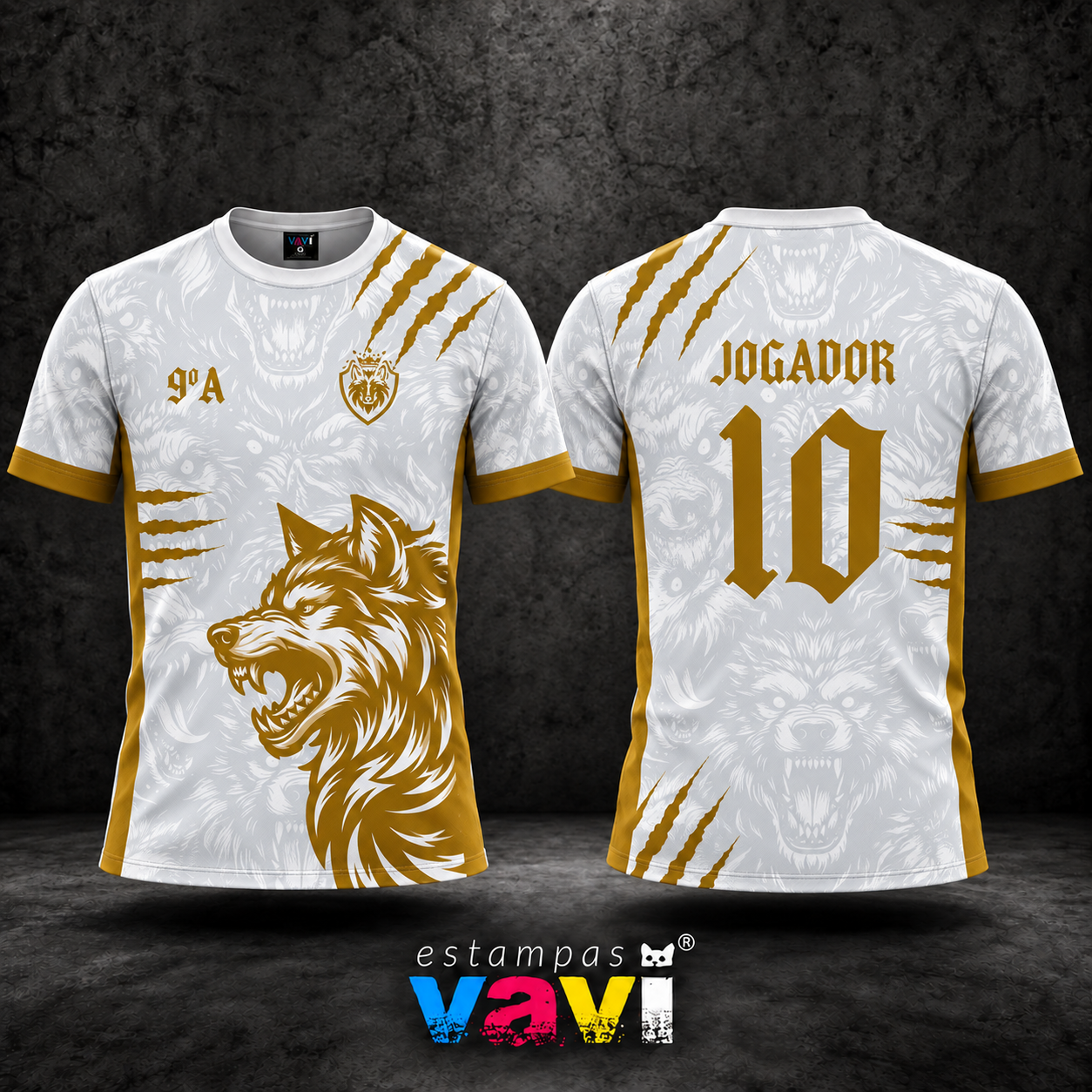 Lobo Dourado com Garras e Fundo de Lobos Cinza