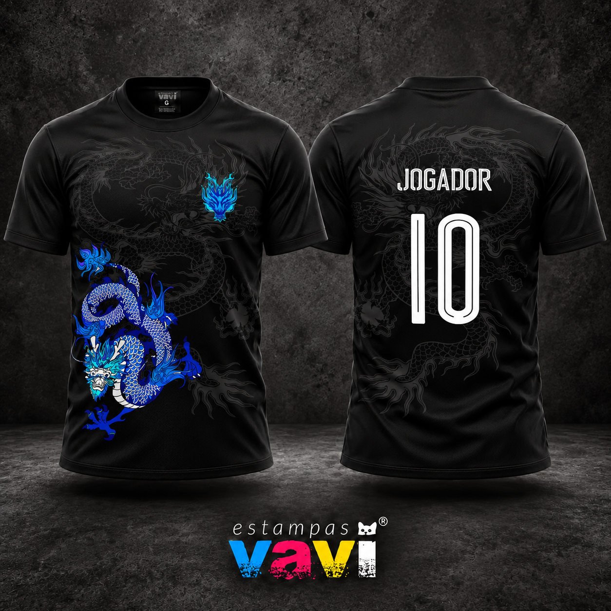 Dragão Azul e Branco com Contornos Cinza sobre Preto