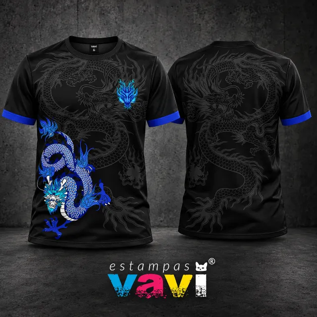 Dragão Azul e Branco com Contornos Cinza sobre Preto - Sem identificação e punhos azuis