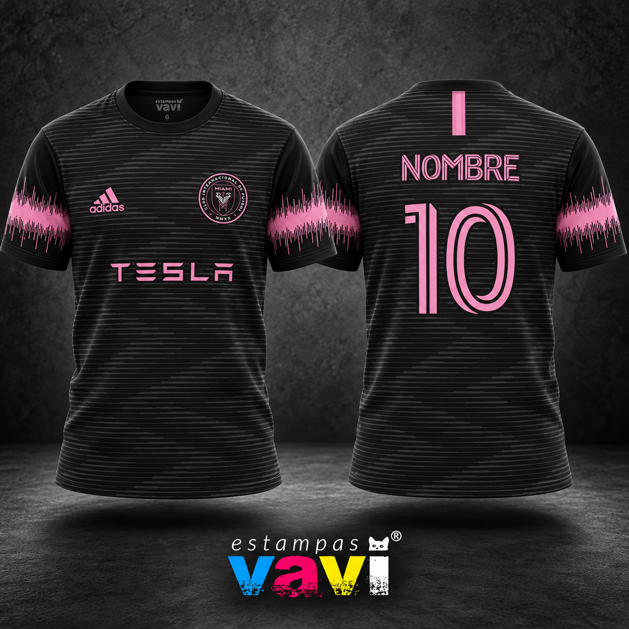 Inter Miami - Linhas Cinza e Ondas Rosa sobre Preto